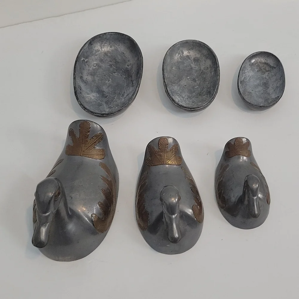 Vintage Chinese Pewter & Brass Overlay Duck Trinket boxes set of 3